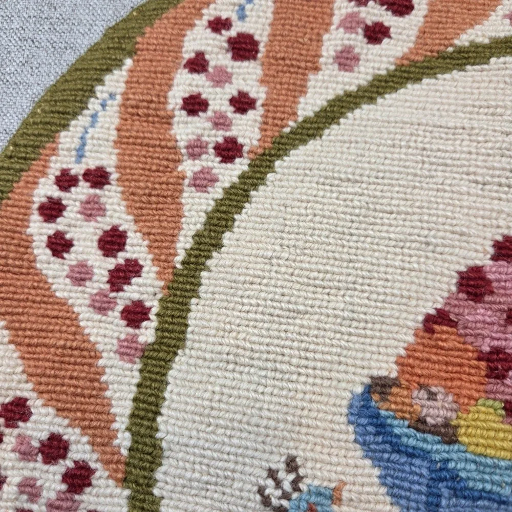 Vintage Handmade Greek Embroidered Peacock / Fruit Round Pillow Cover 19